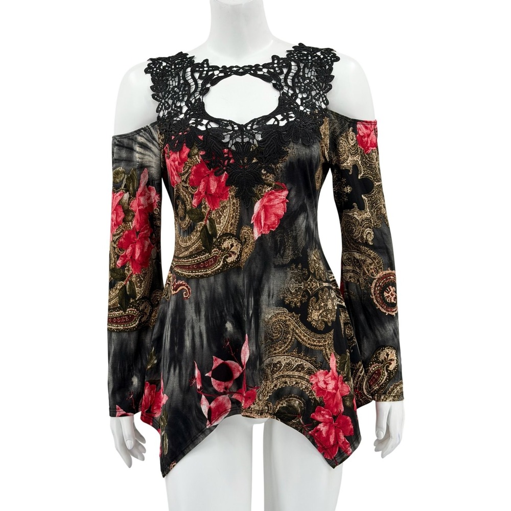 Venus Top Womens Medium Black Red Dark Floral Paisley Lace Boho Edgy Whimsigoth